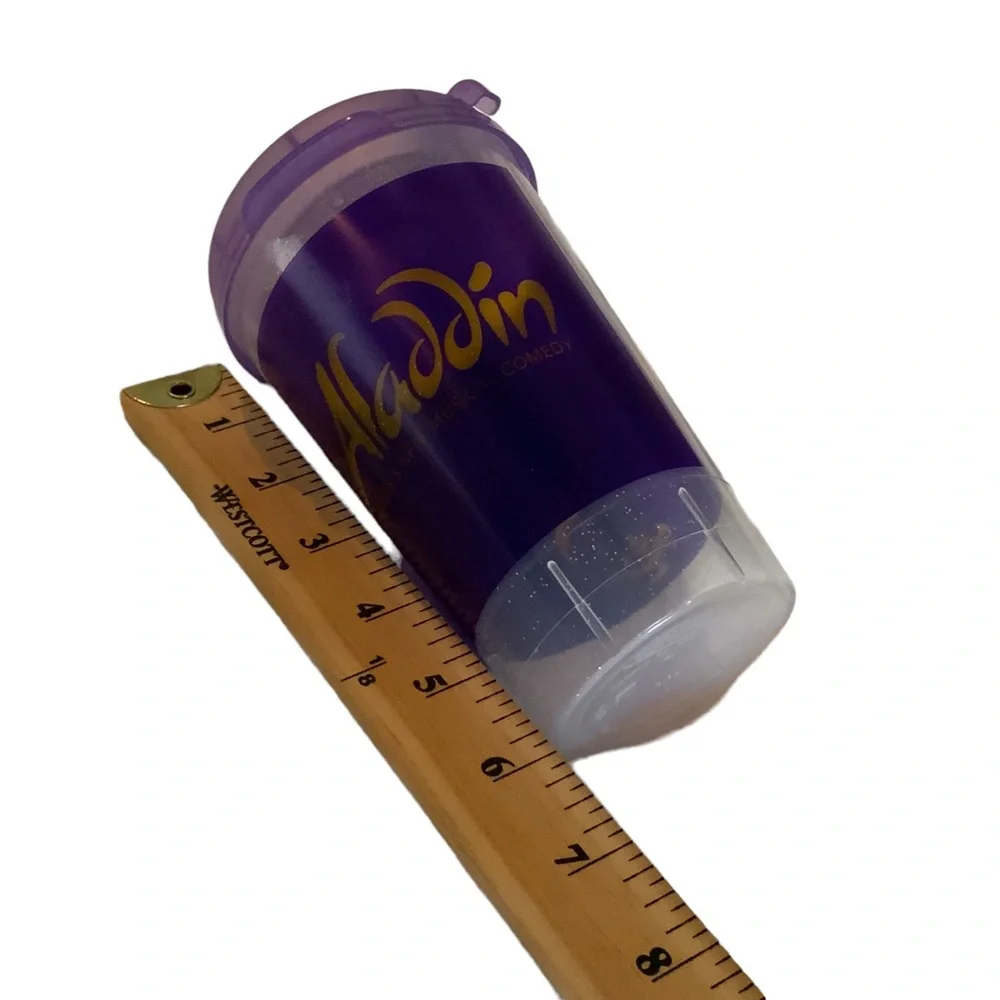 2 Aladdin Disney Tumblers and Covers Purple With Gold Writing Cold Beverage